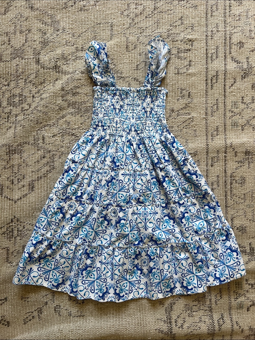 Hill House Blue & White Tile-Print Smocked Sundress for Kids
